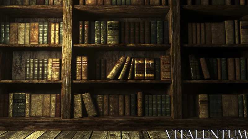 Warm wooden shelves glow softly with rows of vintage books