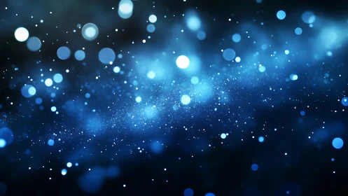 Glowing blue bokeh particles drift gently through cosmic dark