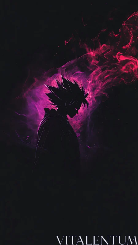 Silhouetted spiky haired figure amid pink energy plume.