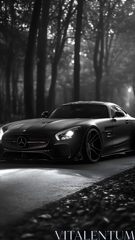 Mercedes sports coupe is parked on a wet forest roadway