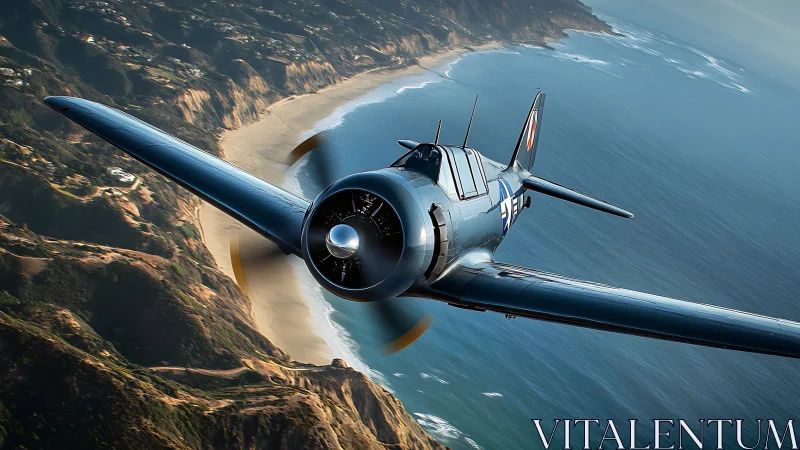 WWII naval fighter banking above rugged coastal cliffs in motion