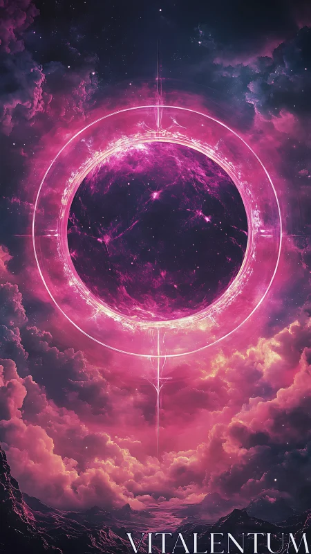 Circular luminous void in magenta clouded sky over terrain.