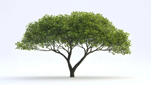 Wide-canopy green tree on white background, realistic illustration.