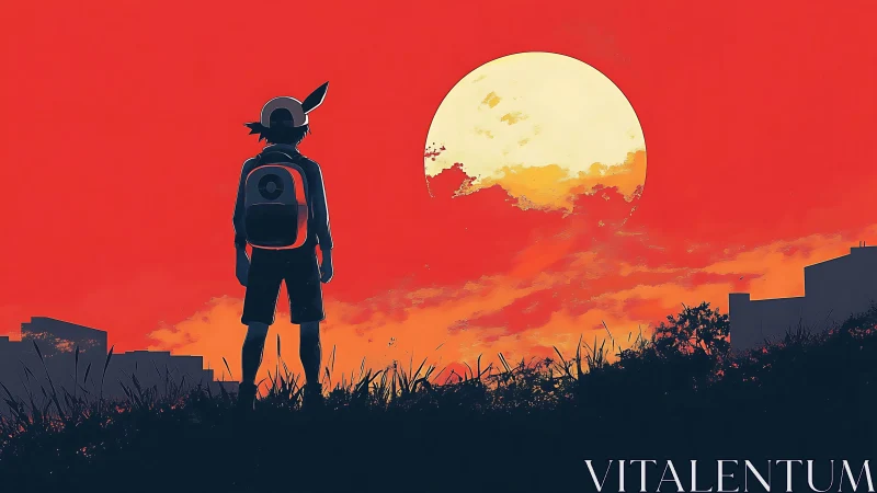 Boy silhouette with backpack facing large sun at sunset.