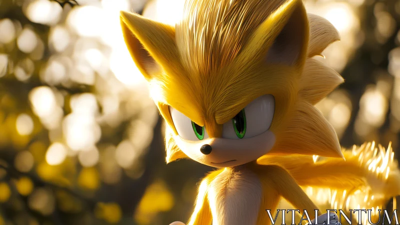 Golden anthropomorphic hedgehog stands in glowing forest light