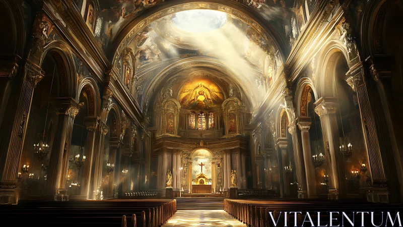 Digital painting of baroque cathedral nave with sacred light shafts.