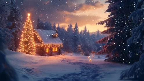 Snow-dusted forest hushes while a lantern-lit cabin glows bright
