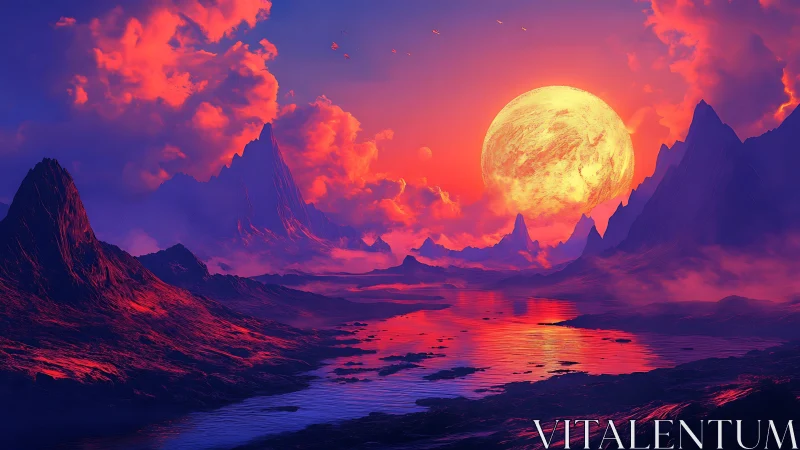 Molten sunset star over alien crimson river valley.