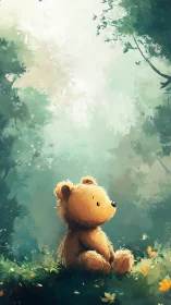 Softly lit teddy bear sits in painterly forest clearing