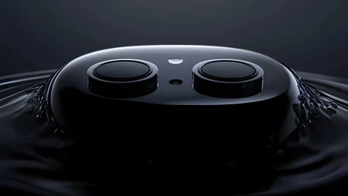 Futuristic black camera module emerging from liquid in dark lighting.