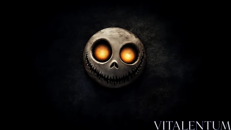 Glowing skull emblem with stitched grin on dark void background.