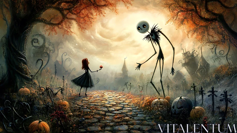 Spooky autumn path where a brave girl meets a gentle giant.