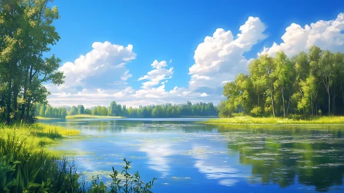 Sunlit riverbank with reflective water and lush green forest.