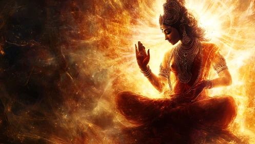 Radiant goddess in fiery meditation amid cosmic energy.