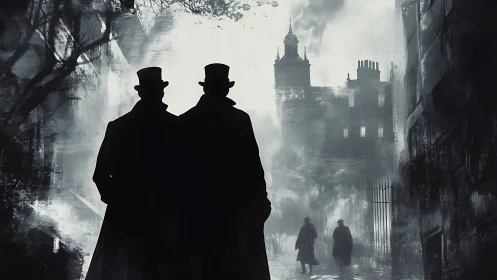 Victorian silhouettes walk through foggy noir city street