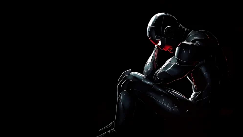 Solitary armored figure in side profile against dark void.