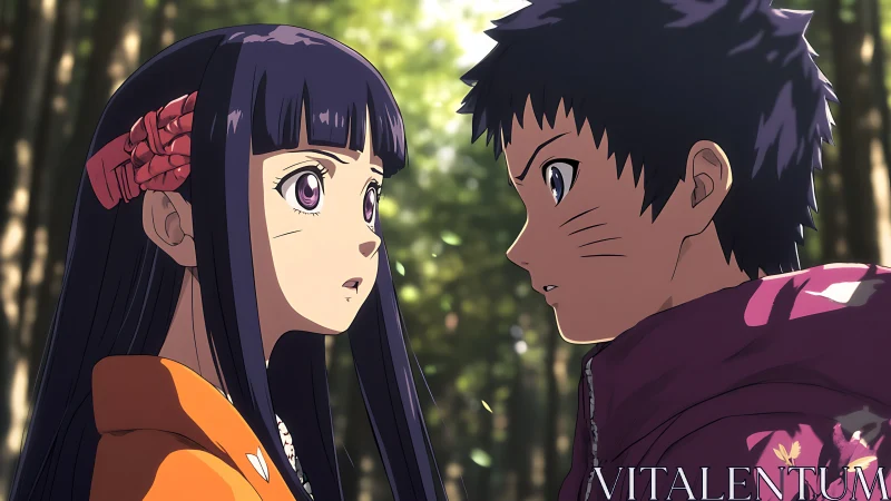 Anime forest encounter with soft backlight and warm tones.