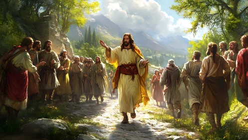 Central robed figure walks among followers on rural stone path