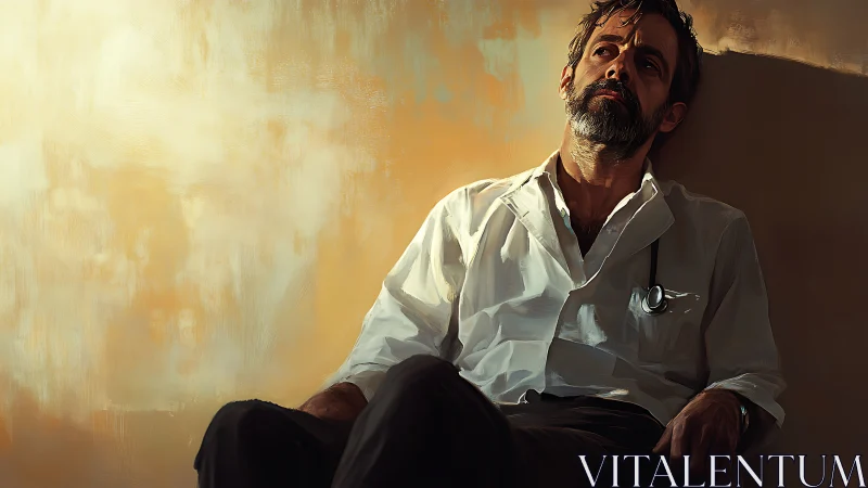 Exhausted doctor sits against warm painted wall, thinking.