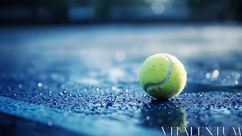 Lone tennis ball on rain-soaked blue court at sunrise.