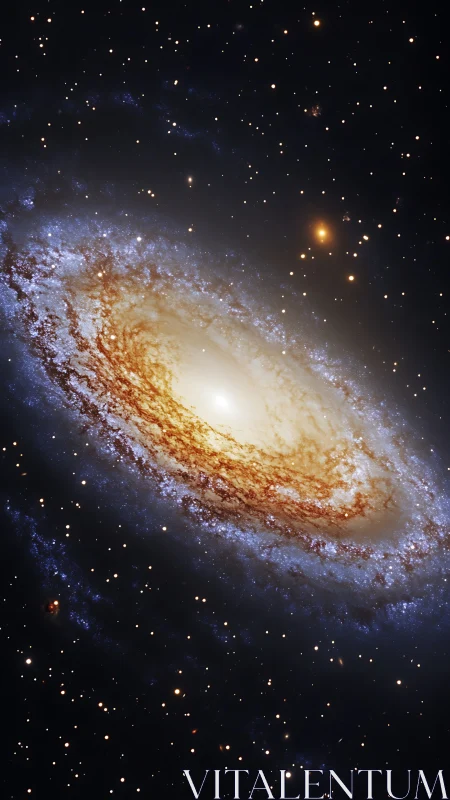 Spiral galaxy glows with golden core and blue star fields.