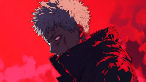 Side-profile anime figure stands against saturated red field