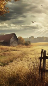 Rustic barn under storm-lit autumn sky at golden hour.