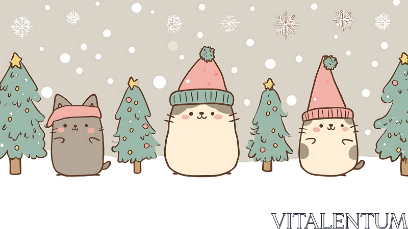 Cozy Winter Cats and Christmas Trees in Gentle Snow.