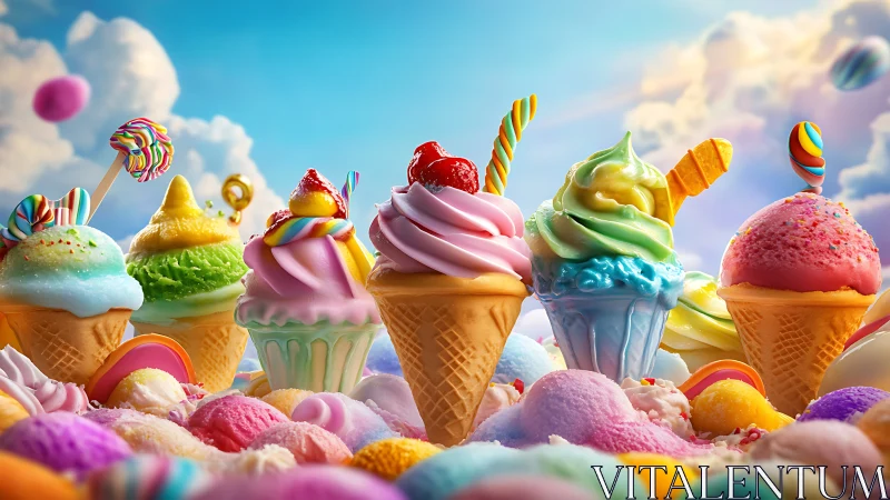Whimsical rainbow ice cream cones float in a candy sky.