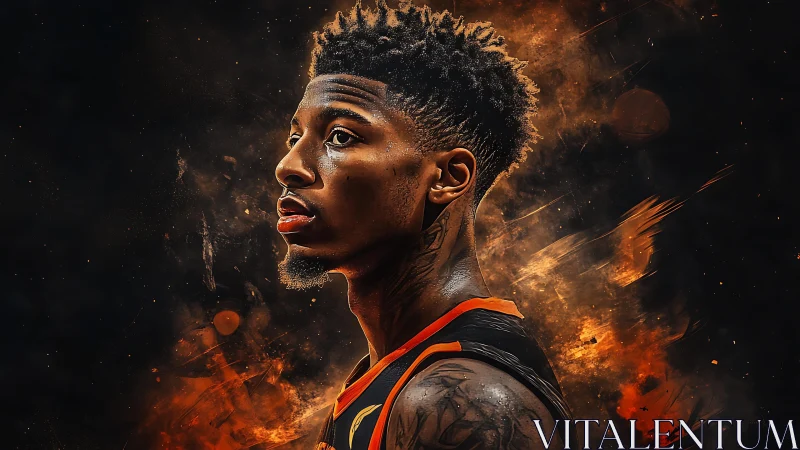 Digital portrait shows basketball player amid abstract sparks