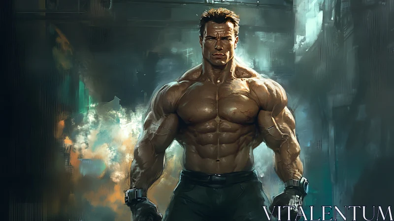 Muscular cyber soldier stands in smoky industrial alley