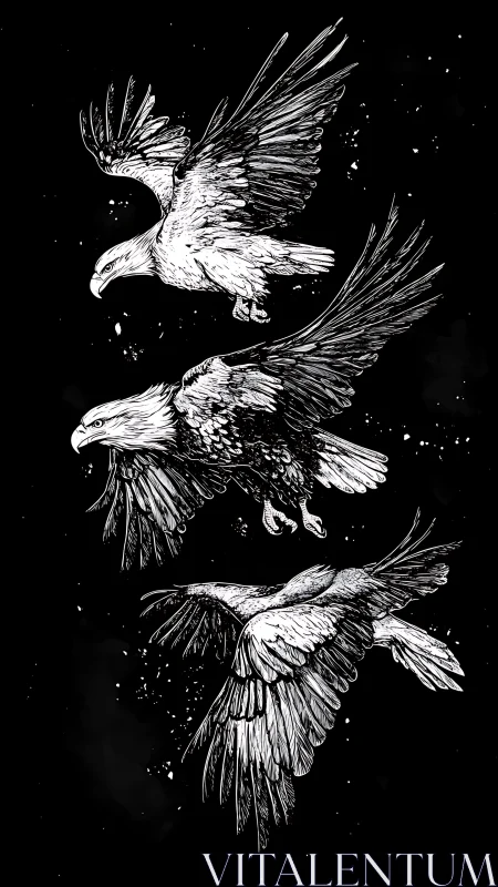 Three detailed ink eagles drawn in sequential flight poses