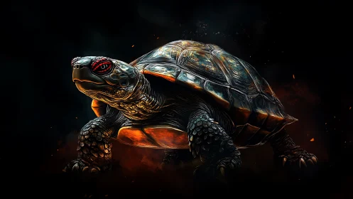 Fiery armored turtle strides through smoky darkness.