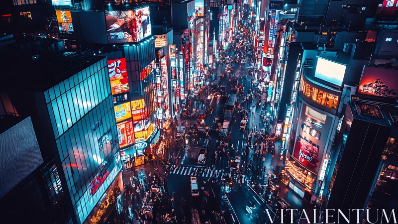 Neon-lit urban canyon captures dense nocturnal traffic flow