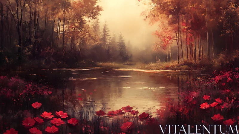 Calm forest lake with red flowers in soft evening light.