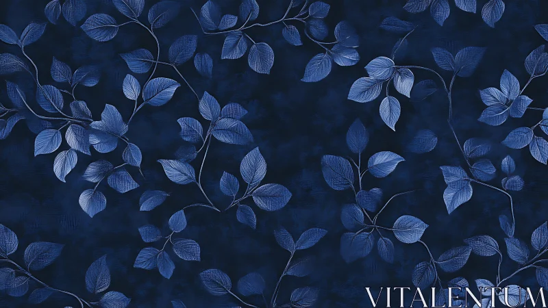 Monochrome blue leaf pattern on dark decorative background.