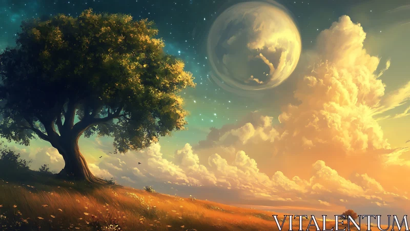 Solitary tree on grassy hill under large moonlit sky.