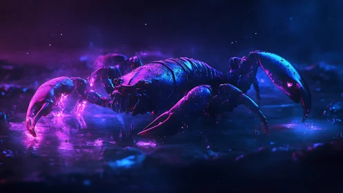 Neon cyberpunk scorpion under glowing bioluminescent light.