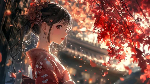 Kimono-clad girl under glowing autumn maple canopy at dusk.