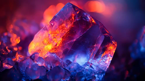 Luminous crystal shard glows in intense neon bicolor light.