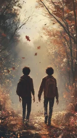 Autumn backlit forest walk with paired adolescent silhouettes.