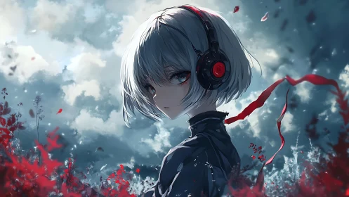 Stormlit girl with headphones listens softly among red flowers