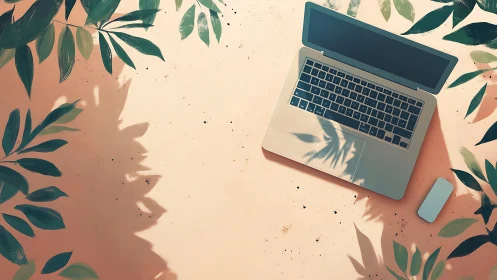 Laptop dreams in sunlit jungle shadows of leafy workspace.