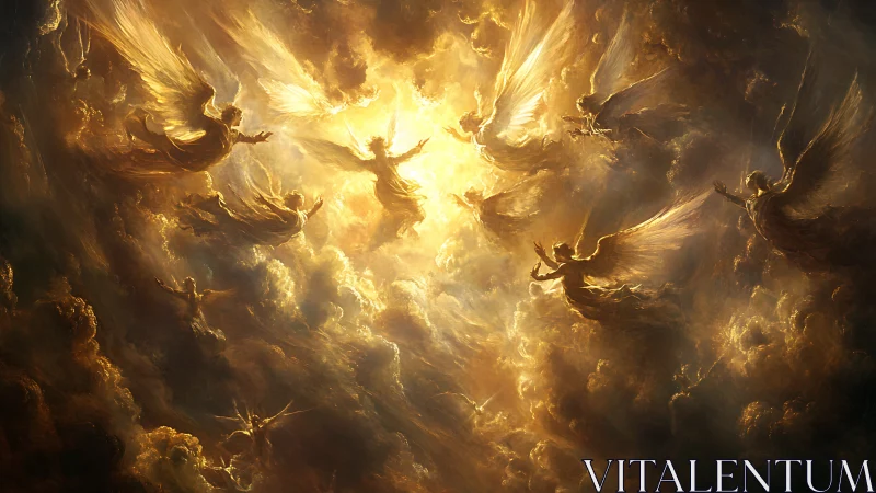 Radiant host of angels ascends through blazing golden clouds