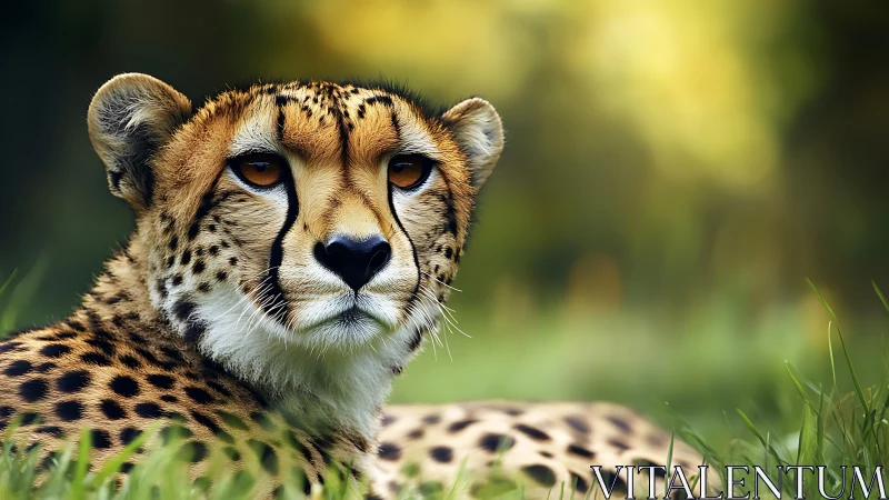 Golden hour cheetah muse lounging in soft grass hush.