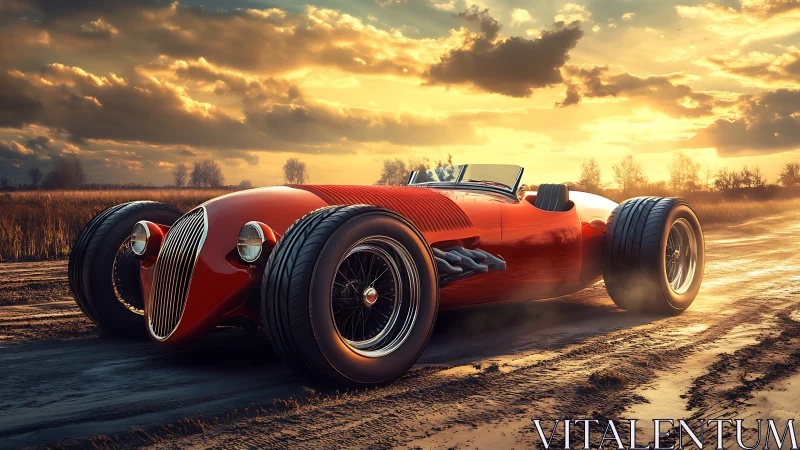 Sunset sprint: retro roadster blazing across dirt horizons.