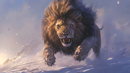 Snow-charged lion sprint with dynamic motion and rim light.