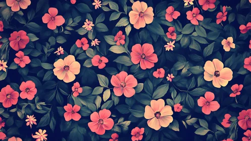 Coral Layered Botanical Illustration with Layered Depth and Navy Background