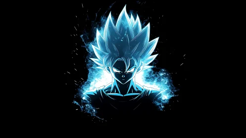 Electric blue anime warrior stands glowing against darkness