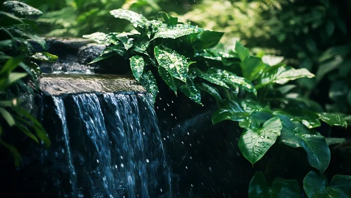 Tropical garden waterfall with glistening foliage in bokeh light.
